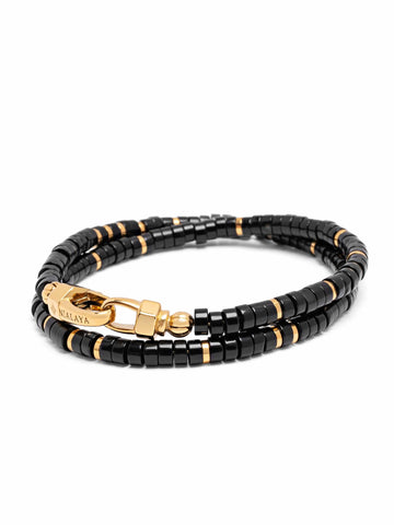 Nialaya Men's Beaded Bracelet Black Heishi Double Wrap Beaded Bracelet with Gold Black Heishi Double Wrap Beaded Bracelet with Gold